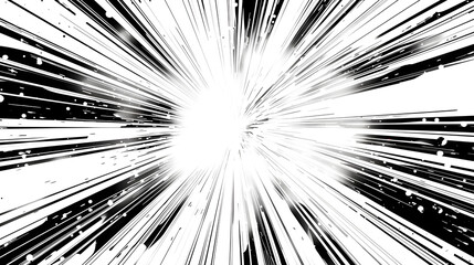 Black and white sunburst abstract on white and transparent background. Ray burst, explosion, comic big bang. Superhero action speed frame. Radial lines. Monochrome design element. Textured backdrop.