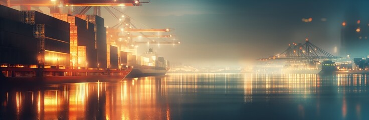 Dazzling lights of a seaside harbor and cargo containers reflecting on water during dusk, imparting a serene yet industrial feel