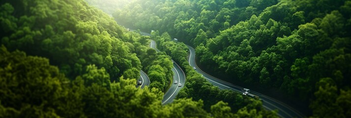 Aerial shot of winding roads cutting through a dense, lush green forest with cars driving on them