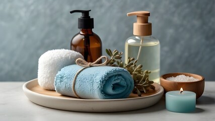 spa still life with towels and candles, Close-up of a white ceramic tray with natural materials and blue rolled towel next a salt soap bar, bath salts, massage oil in a bottle, and other home spa good