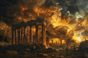 Fototapeta premium A painting of a ruined city with a storm in the background