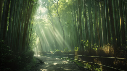 
tranquil, bamboo forest with sunlight filtering through the dense green canopy, casting a soothing...