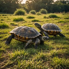 An idyllic countryside scene with turtles peacefully grazing in a sunlit pasture.
