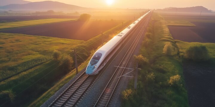 An image showing a modern high-speed train travelling through a rural landscape during a sunrise