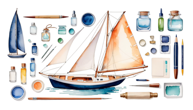 watercolor white hand illustration object background sailboat drawn isolated art beach beauty blue boat brush calm classic coast exotic fishing longboat nature nautical ocean old paint painting - Powered by Adobe