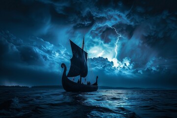 A large Viking ship sails through a stormy sea - Powered by Adobe