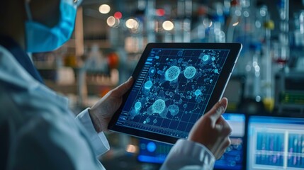 A person wearing a mask is holding a tablet displaying a map of the brain