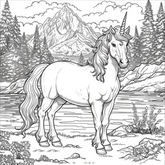 A whimsical children's coloring picture featuring a playful unicorn prancing across a rainbow, with smiling clouds and sun in the background, creating a magical scene.