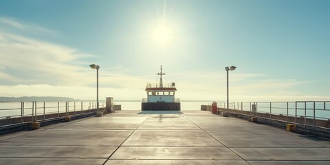A ferry boat awaits at a concrete dock, bathed in brilliant sunlight with a clear sky overhead, ready to embark