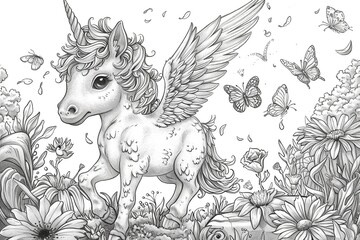 A whimsical children's coloring picture featuring a playful unicorn prancing across a rainbow, with smiling clouds and sun in the background, creating a magical scene.