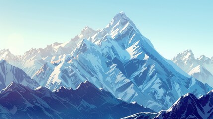 Blue Mountains With Snow Covered Peaks In Fantasy Illustration