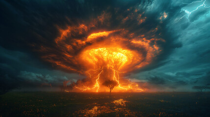 A super large tornado and lightning formed at the same time on a flat green field