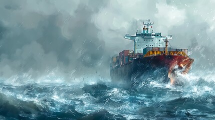 A large ship is sailing through rough waters with a storm in the background