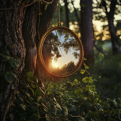 Golden Circular Mirror in Forest sunrise