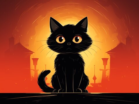 A digital painting of a black cat sitting on a rooftop