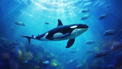 Fototapeta premium The Orcinus Orca in the ocean, portrait of Orca hunting prey in the underwater