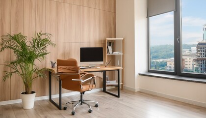 Fototapeta premium Stylish office interior with workplace, pc computer and window. Mock up wall