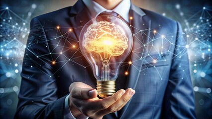 someone holding a glowing light bulb with a brain inside