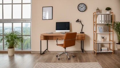 Stylish office interior with workplace, pc computer and window. Mock up wall