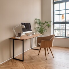 Stylish office interior with workplace, pc computer and window. Mock up wall