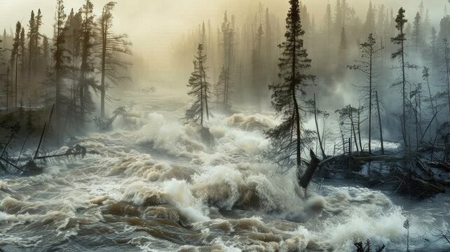 A striking close up image captures trees being carried away by the turbulent currents of a murky river during a flood a powerful depiction relevant to International Day of Forests World Env