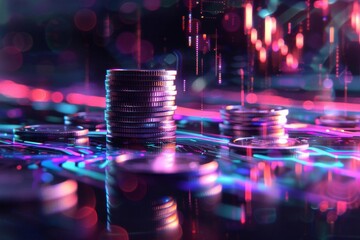 A digital composite image of a stack of silver coins. The coins are sitting on a reflective surface that is lit by a rainbow of colors. The background is dark and out of focus. - Powered by Adobe