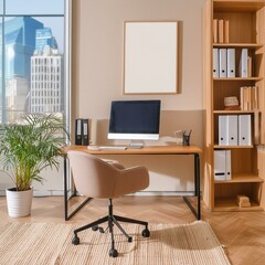 Stylish office interior with workplace, pc computer and window. Mock up wall