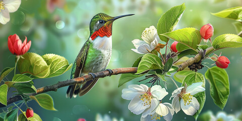 a beautiful hummingbird perched on the branch of an apple tree, generative AI