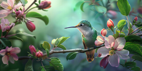a beautiful hummingbird perched on the branch of an apple tree, generative AI