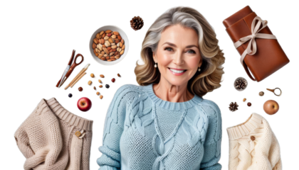 beautiful smiling sweater mature background camera portrait woman white person face blond adult 1 cheerful caucasian happy beauty looking female pretty people attractive young cosy warm winter