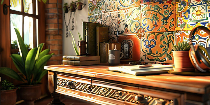Mediterranean Masterpiece: A desk with Spanish or Italian flair, featuring terracotta tiles, a tile mural