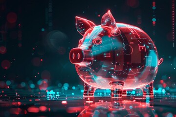 An illustration of a piggy bank made of glass with a glowing red circuit board inside