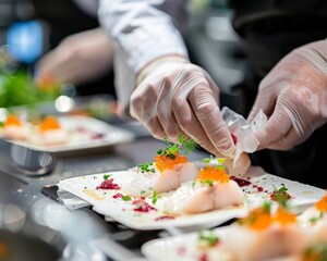 Chef crafting flounder amuse-bouche for a fashion show stylish and delicate