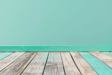 Empty wooden deck table over mint wallpaper background for present product - generative ai