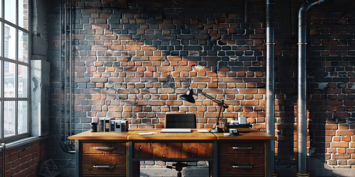Industrial Innovation: A desk set in a converted warehouse or factory space, with exposed brick walls and pipes, ideal for those seeking a unique, edgy work environment. (Black)