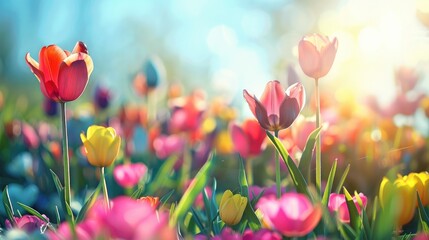 Colorful flowers blooming outdoors on a sunny spring day