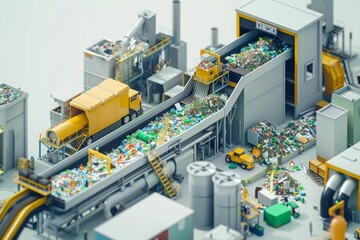 A large industrial plant with a conveyor belt full of trash