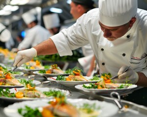 Chef creating flounder dishes at a celebrity gala star-studded and luxurious