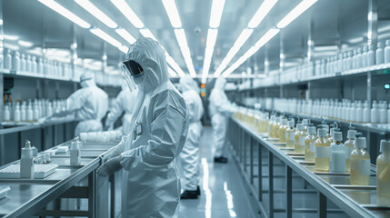 Workers in protective gear oversee production in a sterile, high-tech manufacturing facility with rows of products on a conveyor belt.