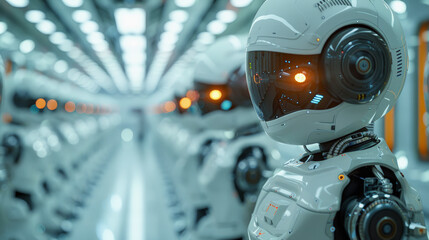 Fototapeta premium A series of humanoid robots with camera-like eyes and white exteriors lined up in a futuristic corridor, showcasing advanced robotic technology and automation.