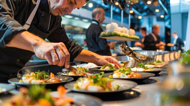 Chef creating flounder dishes at a high-profile tech conference innovative and modern