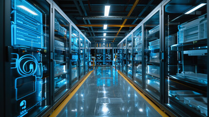 A modern data center with server racks lining the aisle, reflecting blue LED lights on a glossy floor, symbolizing high-tech and cloud computing infrastructure.
