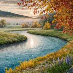 river winding through a peaceful valley, bordered by wildflowers and colorful autumn foliage.