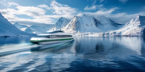 Modern, futuristic cruise ship navigating through pristine icy waters surrounded by snow-covered mountains, portraying contemporary voyaging