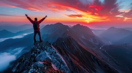A man stands on a mountain with his hands raised,