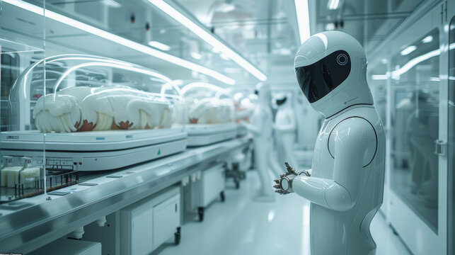 A person in a futuristic white suit and helmet stands in a high-tech lab environment with illuminated incubators containing what appear to be plants.
