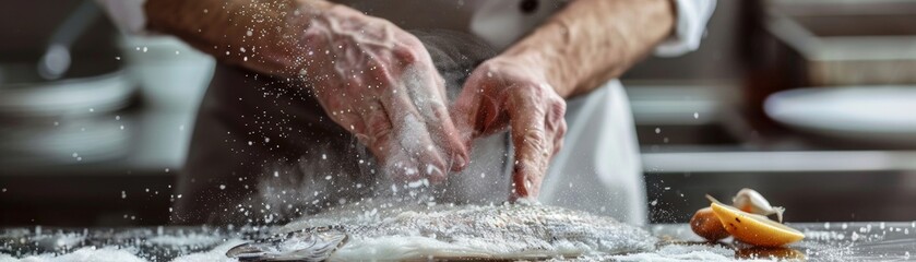 Fototapeta premium Chef curing flounder with hand-harvested sea salt emphasis on natural ingredients