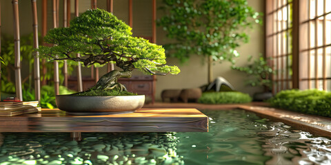 Zen Oasis: A Japanese-inspired desk with a tranquil water feature and a bonsai tree, encouraging mindfulness and peace during work hours. (Green) 