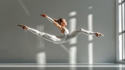 Naklejka premium Young Gymnast Executing Dramatic Acrobatic Routine in Minimalist Studio Setting