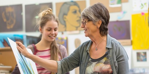 An art teacher guiding a young student with her painting, illustrating mentorship and creative education in an art class setting